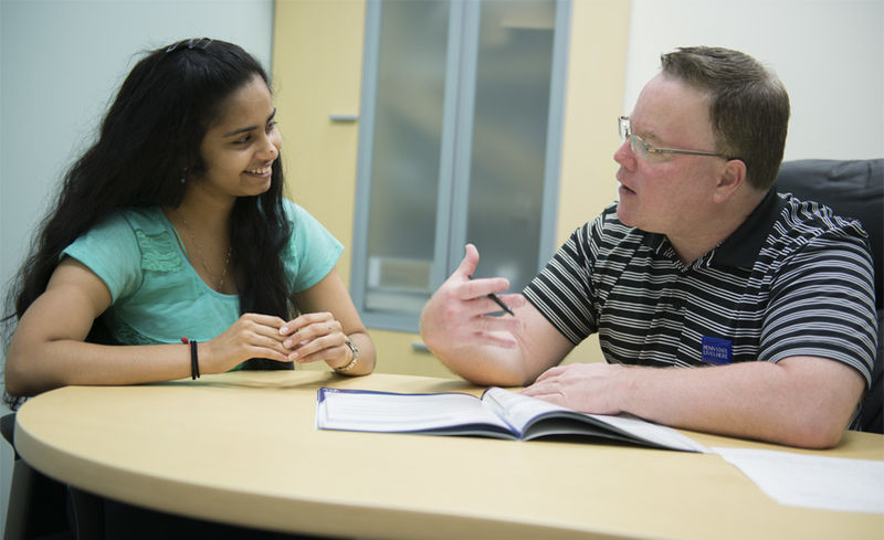 Career services at Penn State Worthington Scranton Jon Tobin, career services coordinator, meets with a student to discuss opportunities such as mentoring and internships that she can use to start building career experience while still in college.