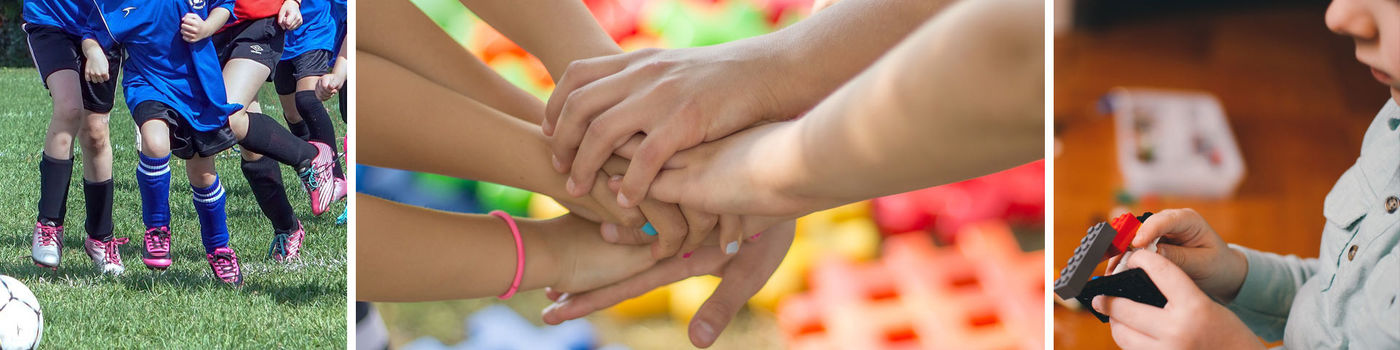 children playing soccer, kids stacking hands in team unity, child playing with legos