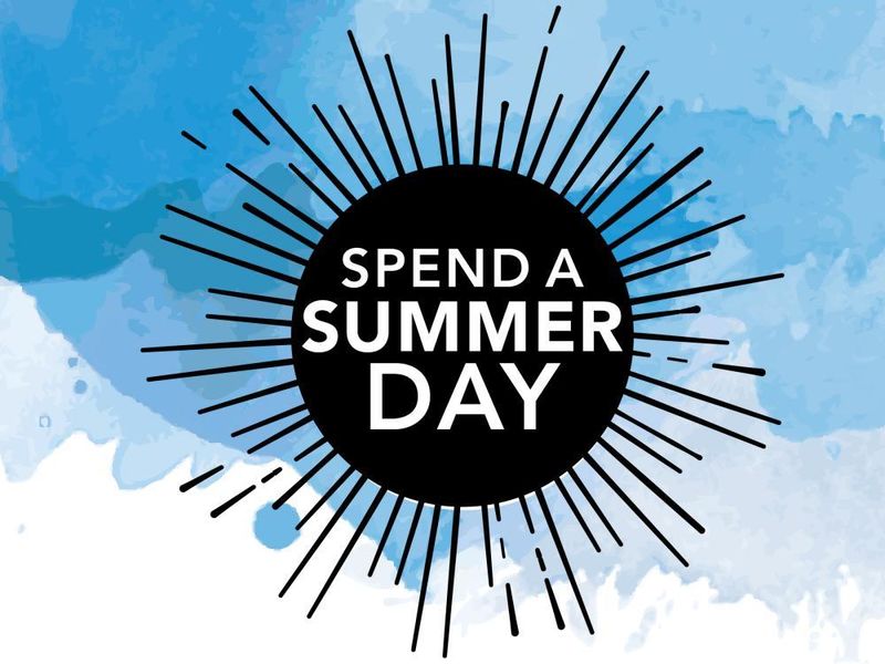 Spend A Summer day sun graphic and wording in dark blue on a blue and white sky background