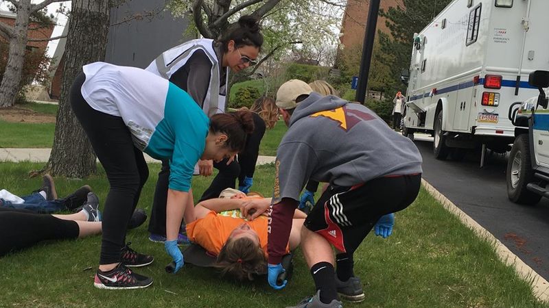 PSWS nursing students carry out a mock disaster drill on the campus.