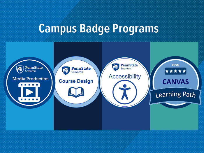 A graphic showing Penn State Scranton's four campus badges. The graphic says "Campus Badge Programs" at the top with graphics for the Media Production, Course Design, Accessibility and Canvas Learning Path badges. 
