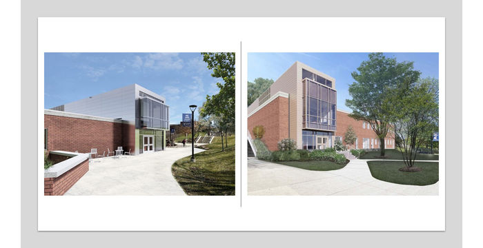 artist's rendering showing the new glass and red brick front and rear facades of the Library Building