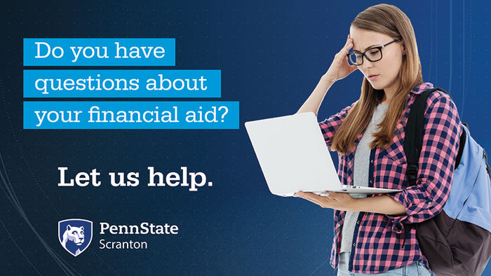 Do you have questions about your financial aid? Let us help.  Confused girl with laptop.