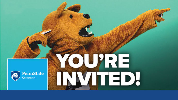 nittany lion mascot pointing to the sky, text says "You're invited"