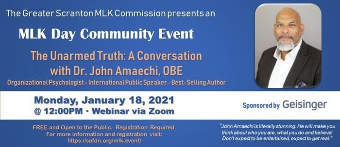 MLK community event graphic with headshot of speaker