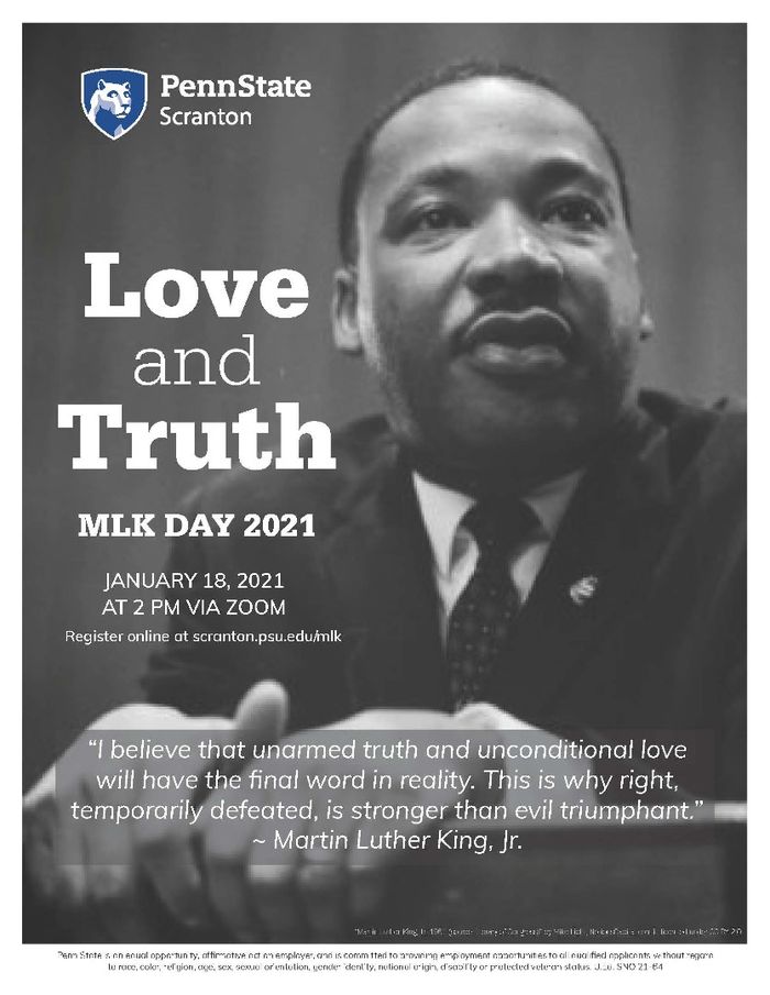 MLK Day event poster with picture of Dr. King and event info