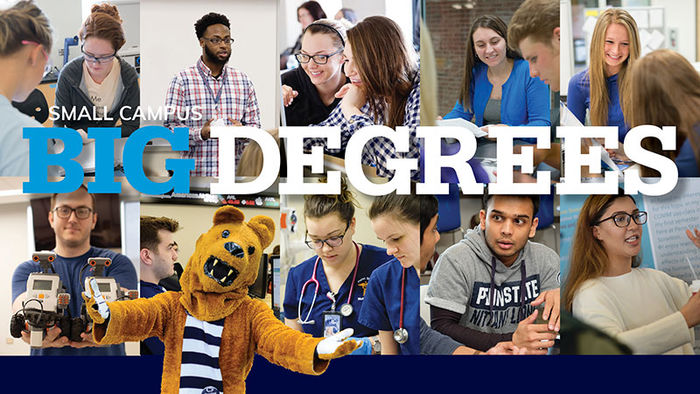 small campus big degrees collage of 8 academic photos with the lion mascot