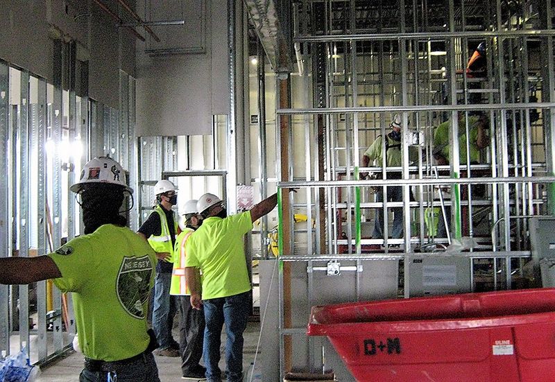 construction crew working inside the engineering building