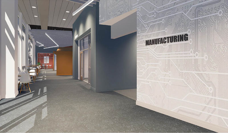 rendering of the manufacturing sign in the  hall way of the state-of-the-art engineering building