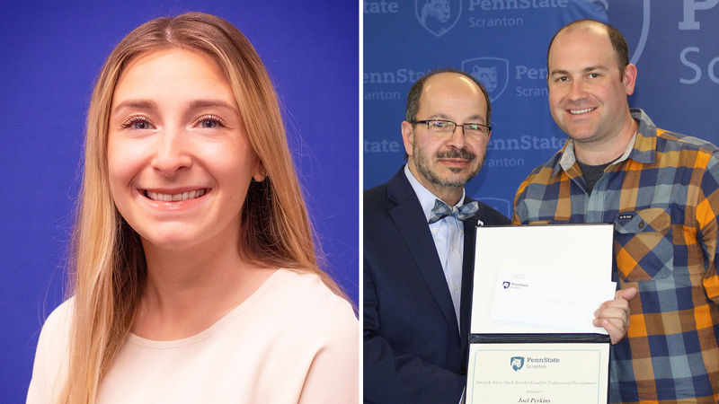 headshot of smiling woman side by side with a photo of man receiving a certificate from man