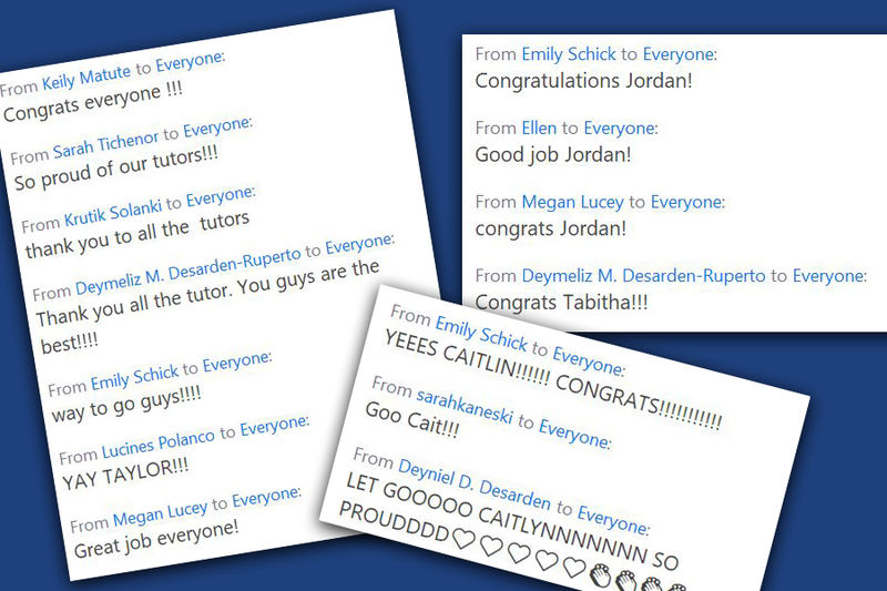 screenshots of congratulatory messages from their peers, faculty and staff