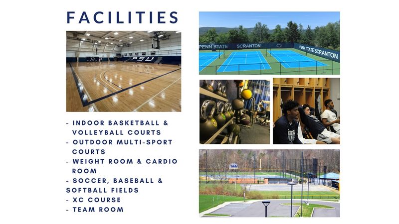 facilities - pictures of tennis court, guys in loccer room, basketball court, baseball field