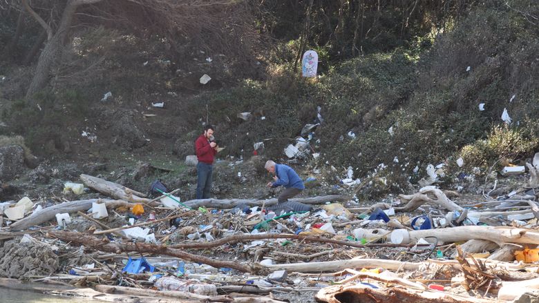 Plastics polluting a shoreline in Croatia