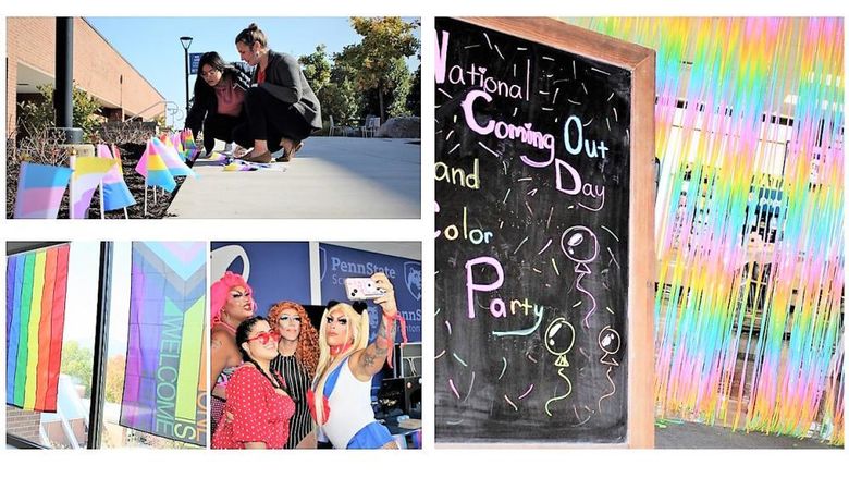 collage of photos from National Coming Out Day at Penn State Scranton showing event decorations, and student posing for selfie with drag queens