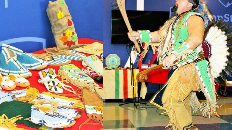 A table of Native American items on display at Penn State Scranton; at right, Frank Littlebear performs a Native American dance during his presentation on Native American history