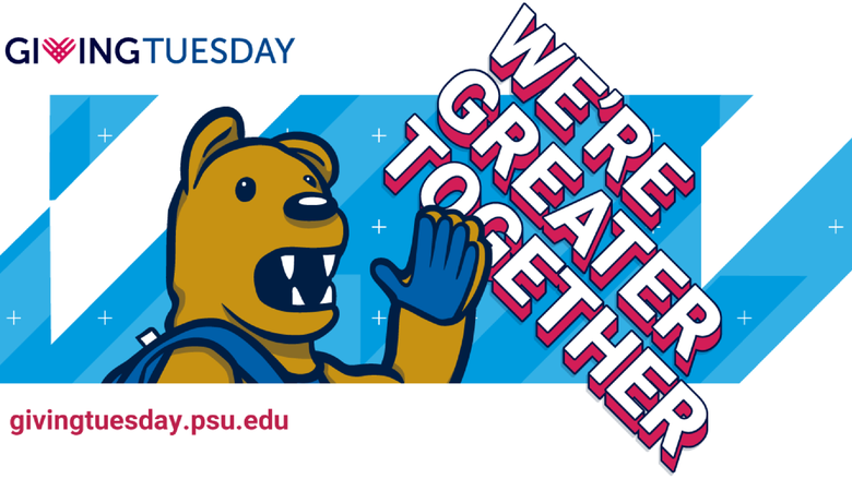 Nittany Lion mascot waving with the words 'We Are Greater Together'