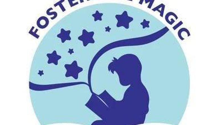 graphic of child reading on blue background with dark blue stars above the words Foster the Magic