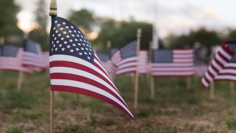 Close up flags on lawn