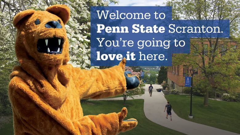 Nittany lion mascot makes gesture toward an overview of sunny campus in the spring and the text reads "You are going to love it here."
