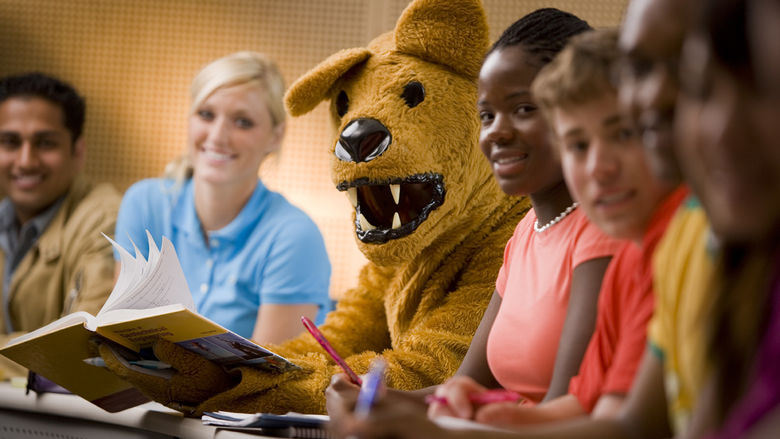 nittany lion and students in classroom