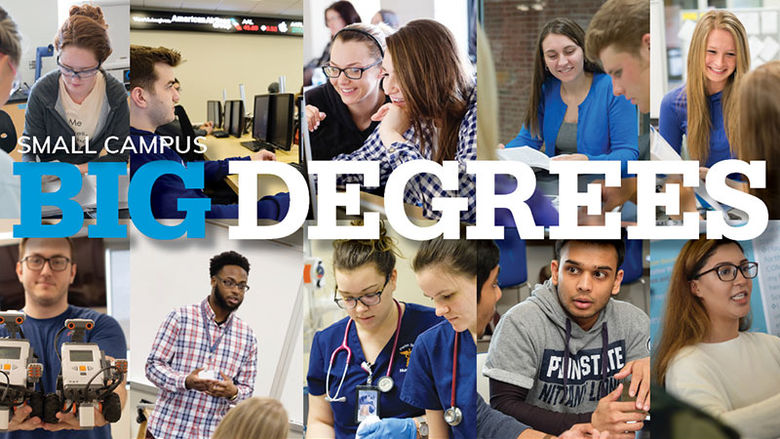 Small campus - big degrees. Grid collage with 10 different pictures of students doing different things in the classroom.