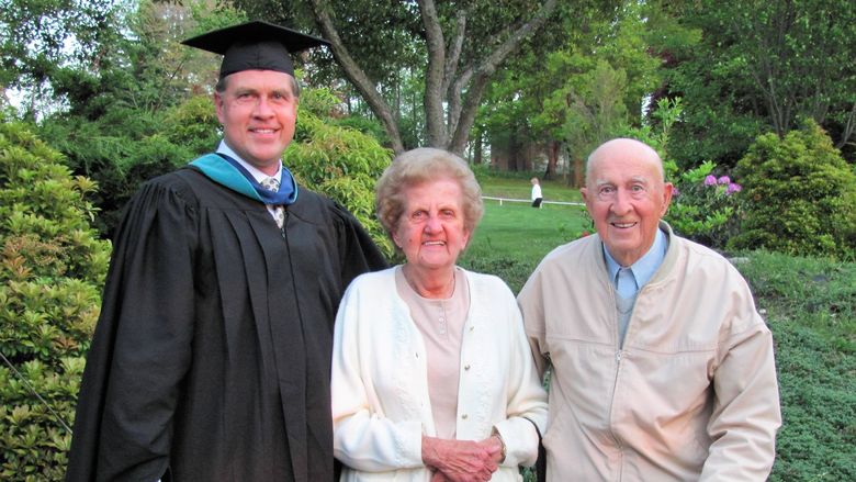 PSWS alumnus Thomas F. Zenty III is shown with his parents, Edna and the late Thomas F. Zenty II, at Penn State Worthington Scranton's 2010 commencement ceremony, where he served as commencement speaker. 