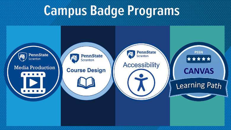 A graphic showing Penn State Scranton's four campus badges. The graphic says "Campus Badge Programs" at the top with graphics for the Media Production, Course Design, Accessibility and Canvas Learning Path badges. 