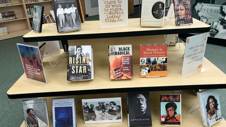 Display at Scranton LIbrary of books and DVDs about black history and Black individuals