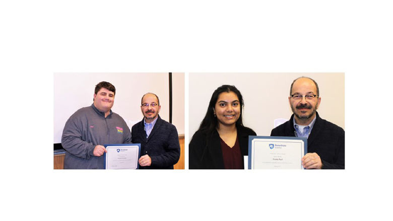 photos of Patel and Krishanda with Chancellor Wafa, holding up their Chancellor's Award certificates