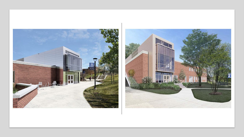 artist's rendering showing the new glass and red brick front and rear facades of the Library Building