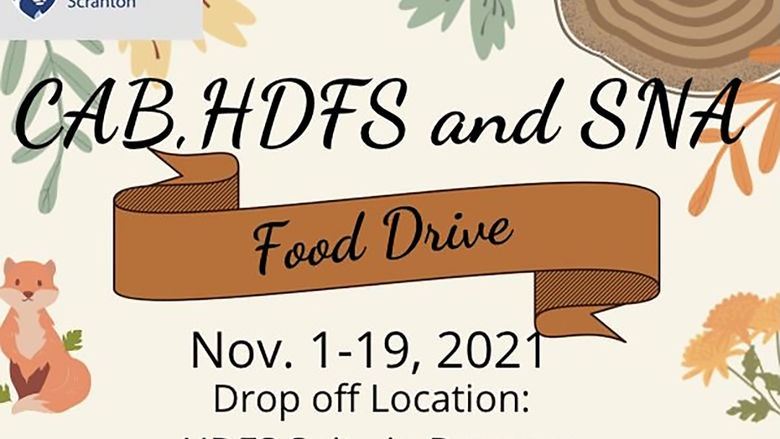 A graphic that reads "CAB, HDFS and SNA food drive; Nov. 1-19, 2021. Drop-off location: HDFS Suite in Dawson"