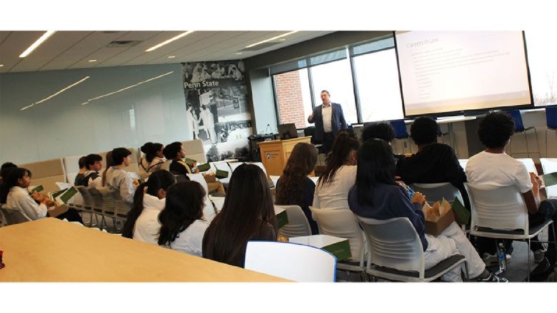 Attorney Joe Litvak speaks to a group of high school students at Penn State Scranton