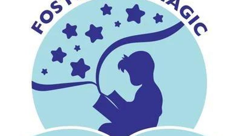graphic of child reading on blue background with dark blue stars above the words Foster the Magic