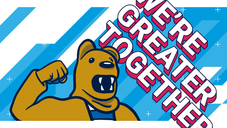 Nittany Lion flexing its arm over a designed background