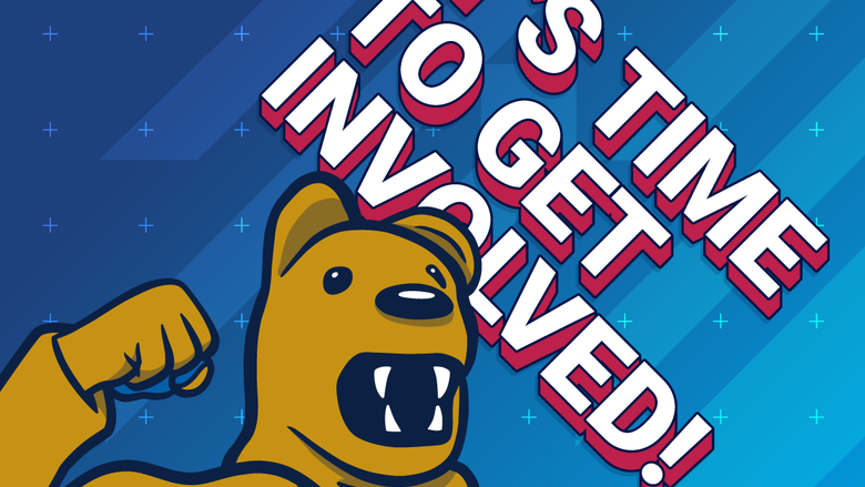 Nittany Lion mascot on blue background with the words Giving Tuesday, it's time to get involved 