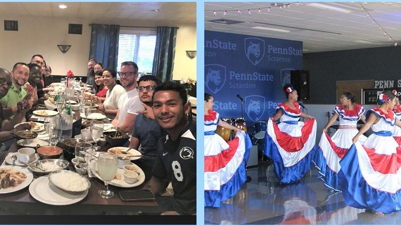 students enjoy an international dinner, at left and Hispanic dancers at right