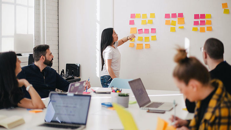 group of people om a conference room strategizing with sticky notes on a white board