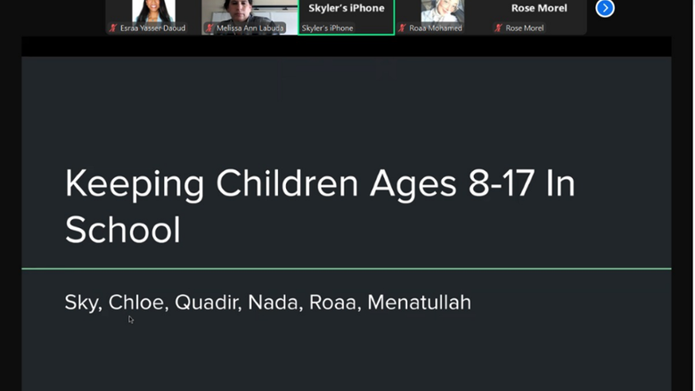 A Zoom screen with a PowerPoint slide that says "Keeping Children Ages 8-17 In School"