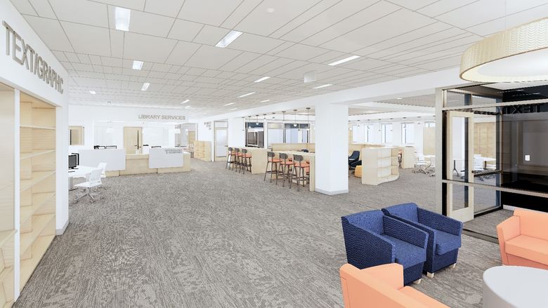 artist's rendering of main floor library space inside main entrance