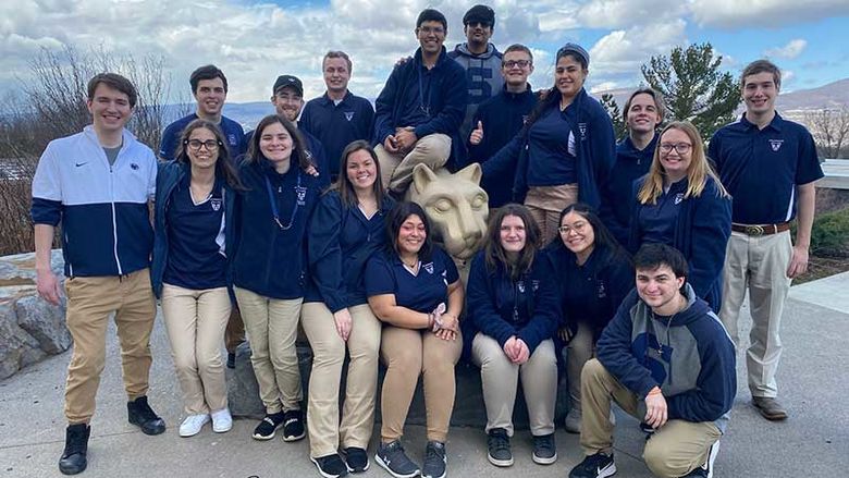 group of 18 penn state scranton students by lion shrine