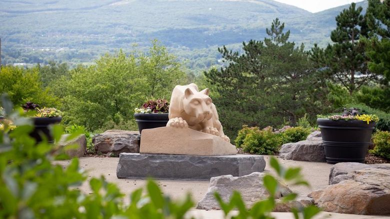 Photo of Scranton's NIttany Lion shrine with mountains in the background