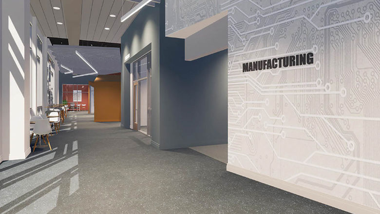 rendering of the manufacturing sign in the  hall way of the state-of-the-art engineering building