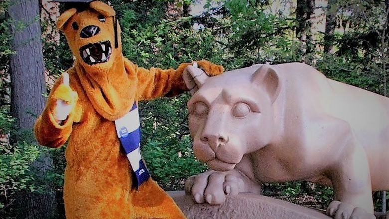 nittany lion mascot in graduation cap at Nittany Lion Shrine
