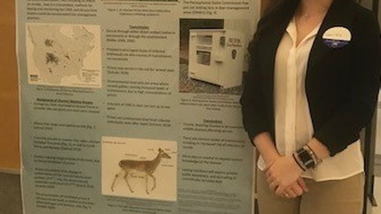 Student Cheyenne Tussel standing near her poster at the Penn State Eastern Regional Undergraduate Research Symposium at Penn State Hazleton, 2019