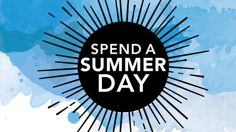 Spend A Summer day sun graphic and wording in dark blue on a blue and white sky background