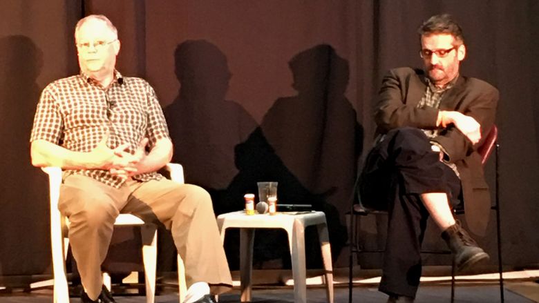 Actor Bob Shlesinger and writer Tom Flannery answer audience questions at the conclusion of their one-man play, The Last Thoughts of Gino Merli.