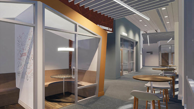 Rendering of a hallway and comfortable study area behind glass.