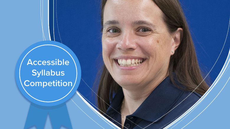 Headshot of smiling Gina Gray with a blue ribbon reading accessible syllabus competition