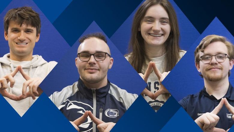 four thon dancers make the THON diamond symbol with their hands