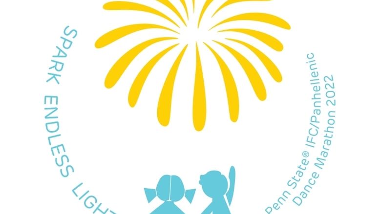Spark Endless Light logo for THON featuring a burst of yellow light on a white background with two graphic representations of children below the starburst 